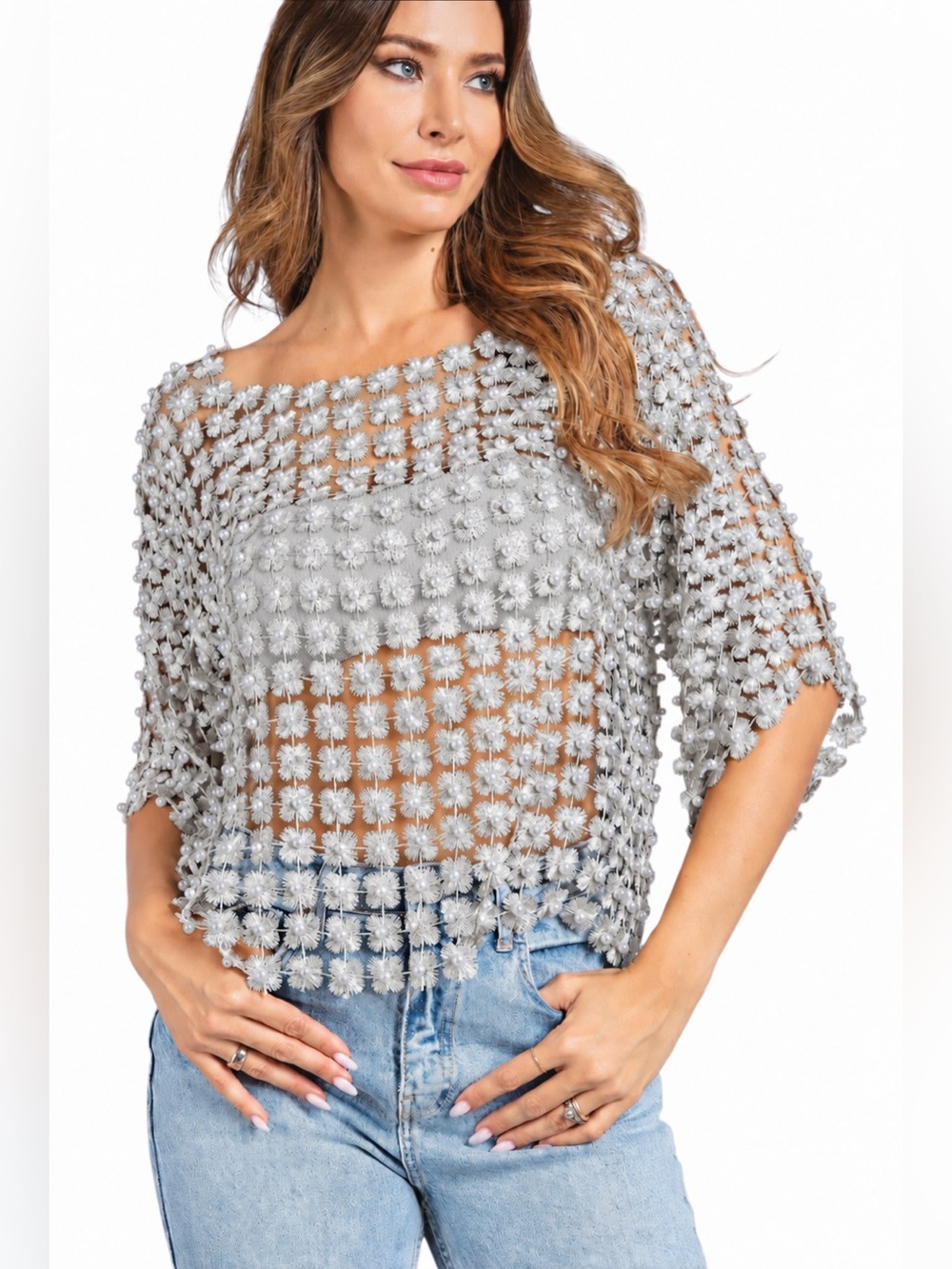 New Rivir Penelope Silver Flower Floral Daisy White Pearl Beaded Crochet Knit To